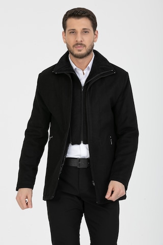 Erkek Siyah Yün Karışım Çift Yaka Kürklü Önü Fermuarlı Kaşe Kaban Siyah