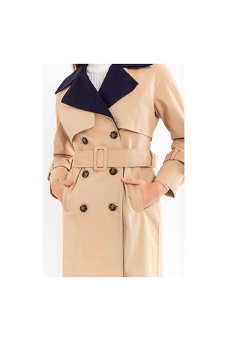 Pastelastore Pamuk Gabardin Uzun Çift Renk Garnili Kadın Trençkot 1114 Açık Bej