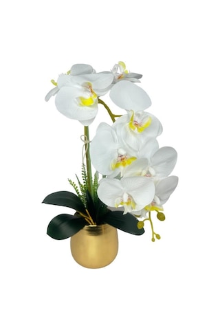 Yapay Çiçek Beyaz Islak Orkide Gold Metal Saksıda Seramik Saksıda Orkide 60cm