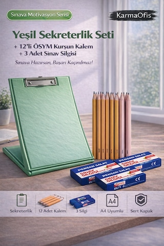 Yeşil Sekreterlik Seti + 12 Li Ösym Kurşun Kalem + 3 Sınav Silgisi Sınav Hazırlık Seti