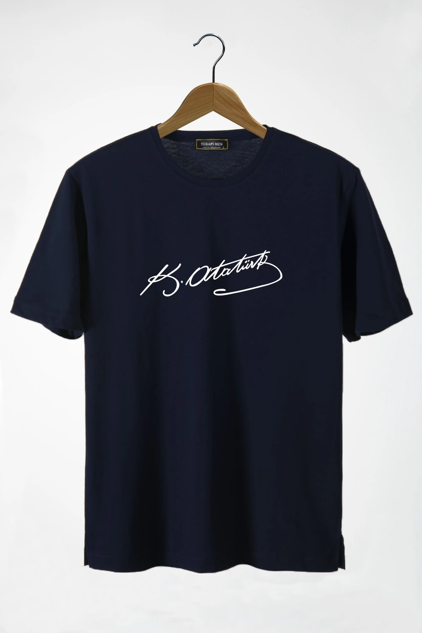 Veaven Unisex Lacivert Önü Atatürk Imza Baskılı Bisiklet Yaka Oversize Pamuklu T-shirt Lacivert