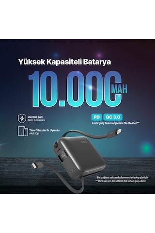 Ttec Recharger Mini LCD 10.000 mAh PD 20W USB-C Ve Lightning Dahili Kablolu Taşınabilir Hızlı Şarj