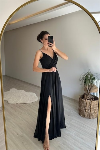 Neşeli Butik Kadın Işıltılı Askılı Yırtmaç Detayı Şifon Abiye Elbise Nm002 Siyah