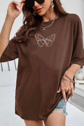 Flood Of Style Unisex Butterfly Baskılı T-shirt Kahverengi