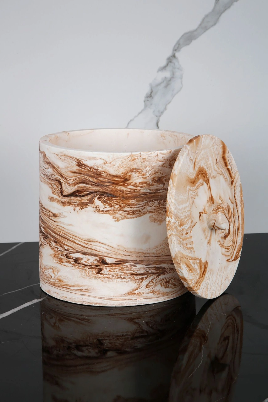 Mermer Desenli Beton Çöp Kovası Banyo Mutfak Tuvalet Wc 18 Cm 4 Litre Bej