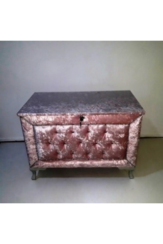 Çeyiz Sandık Kapitone Büyük Tekli Model Pembe Kadife Kumaş