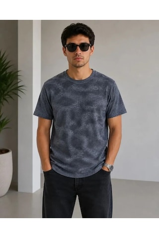 Defymoda Erkek Batik Desenli Tişört Bisiklet Yaka Kısa Kol Regular Fit T-shirt - Füme