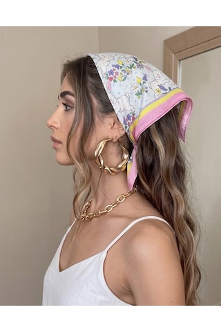 Trend Dokunuş Kadın 50-50 Saten Bahar Renkli Fular Bandana Sarı - Pembe