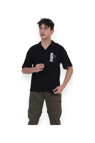 Zekids Erkek Çocuk Pamuklu Rahat Kesim Oversize Polo Yaka Tshırt-11813-siyah Siyah
