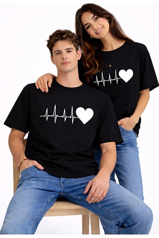 Sevgili Kombini Kalp Ritmi Baskılı Çift Tişört Oversize Unisex Partner Kombin Çift Seti Siyah