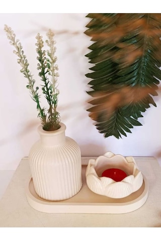 Vazo Seti Pampas Vazo Lotus Mumluk Dekoratif Tabak Biblo Seti 3 Parça Koyu Krem Renginde