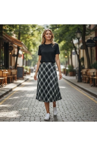 Eren Style Pileli Pamuklu Dijital Piliseli Beli Lastikli Etek 95 Cm - 38-46 Siyah