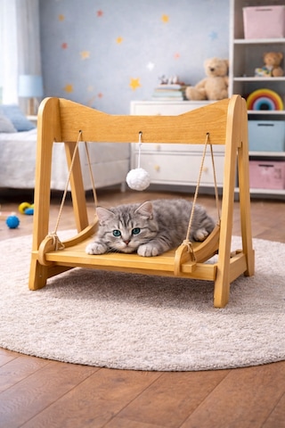 Ahşap Kedi Salıncağı & Oyun Platformu Ponponlu, Doğal Ahşap Oyuncak