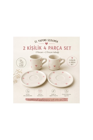 El Yapımı Seramik Türk Kahvesi Fincan Takımı,2 Kişilik-4 Parça Fincan Seti,75 Ml Çok Renkli - Pembe Kalp Desen