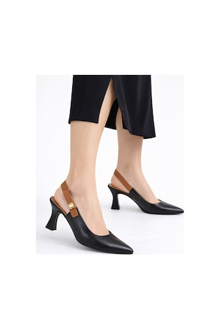 Dadwolf Kadın Slingback Topuklu Ayakkabı Sivri Burun 5,5 Cm Orta Topuk Bantlı Zarif Günlük Ofis Stiletto Siyah