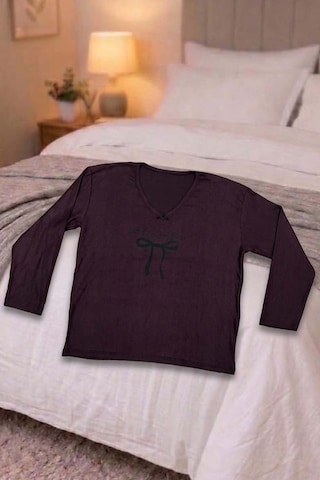 Büyük Beden Kadın Baskılı Kaşkorse Pijama Takımı Mürdüm