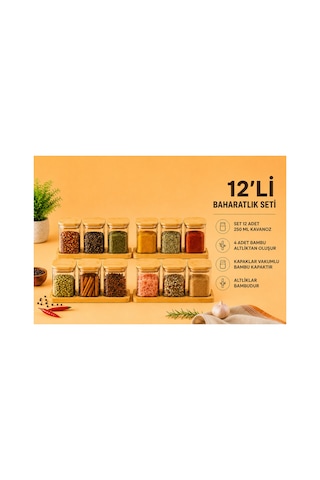 12'li Bambu Vakum Kapaklı Borosilikat Cam Baharatlık Bambu Altlıklı 250 Ml Diğer
