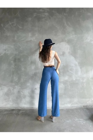 Derenle Beli Kemerli Keten Pantolon Mavi