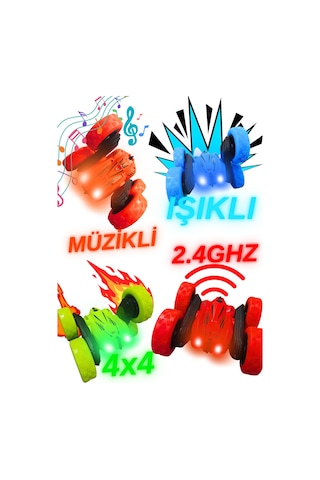 Uzaktan Kumandalı Işıklı Şarjlı 2.4 Ghz Müzikli Demolu Kırılmaz Akrobat Araba Çok Renkli