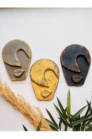 Soyut Tasarım El Yapımı Duvar Dekoru Renkli Taş Maske Büyük 3'lü Set, Dekor Mask, 3d Duvar Heykeli