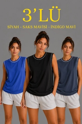 Valensdesign 3 Lü Kolsuz Sporcu Atlet Seti Yazlık Bisiklet Yaka - Siyah, Saks Mavisi, İndigo Çok Renkli