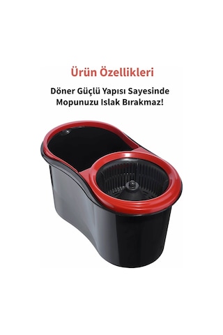 Grimorlife Turbo Star Black Microfiber Döner Başlıklı Temizlik Seti Büyük Boy Mop 13 Lt.+yedek Mop Hediyeli