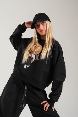 Loco Loco Siyah Baskılı Şapka Aksesuarlı Çocuk Sweatshirt