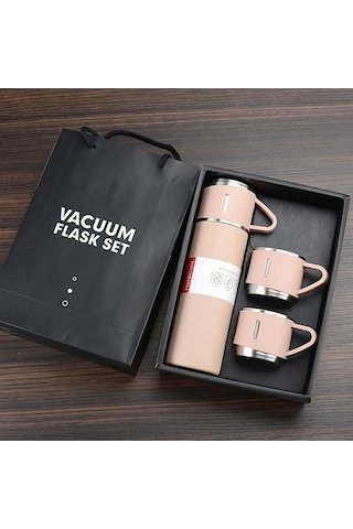500 Ml Paslanmaz Çelik 3 Bardaklı Termos Set Pembe