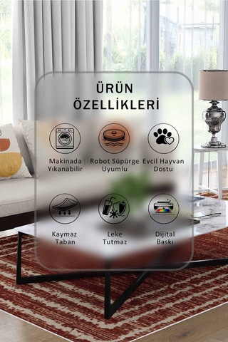 Yıkanabilir Kaymaz Taban Dijital Baskılı Halı Ve Yolluk Leke Tutmaz Salon & Mutfak Halısı - 1486 Bordo