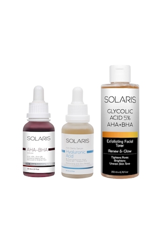 Solaris Cilt Tonu Eşitleyici Aha %10 Bha %2 Serum 30 ML + Hyaluronik Asit Serum 30 ML + Gözenek Sıkılaştırıcı Aha Bha Tonik 200 ML