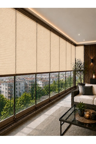 Plise Perde Krem Kumaş + Krem Profil Kasa Cam Balkon Perdesi
