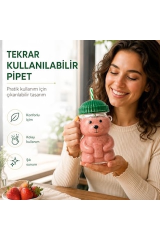 Sogud Cam Bardak - 580 Ml Pipetli Soğuk İçecek Bardağı - Borosilikat Cam Kupa - Ayıcıklı Figürlü Barista Kahve Bardağı - Smoothie Limonata Ice Tea Kokteyl Ve Meyve Suyu İçin Yazlık Sunum Asorti Renk Açık Ahşap