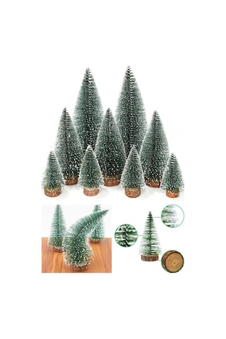 Yeni Yıl Dekoru Kar Efektli 9 Adet Yılbaşı Mini Çam Ağaçları Seti Doğal Ahşap Tabanlı 8 - 12 - 15 Cm Çok Renkli
