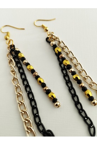 K208 Zincirli Sallantılı Küpe Siyah&altın Sarısı Altın - Siyah