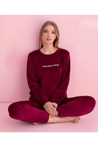 Pijamerry Kadın Kışlık Bisiklet Yaka Kadife Pijama Takımı 3044b - 1 Adet Bordo