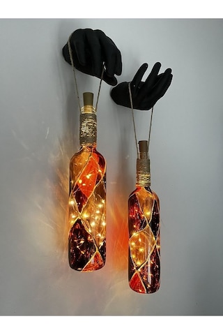 Heykel Siyah El Dekorlu Led Işıklı Kahve Vitray Cam Şarap Şişesi Çok Renkli