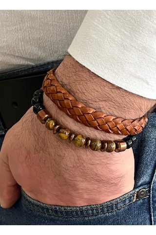 Kahverengi %100 Deri&kaplangözü 2li Kombin Erkek Bileklik Set 21 Cm Türk El Üretimi Kahverengi
