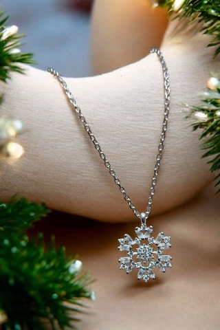 Modagümüşevi 925 Ayar Gümüş Baget Taşlı Kar Tanesi Kolye, Gümüş Kadın Kolye, Kar Tanesi Kolye