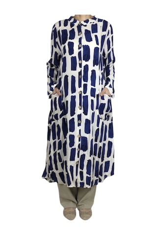 Kadın Önden Düğmeli Cepli Uzun Tunik Gömlek Lacivert