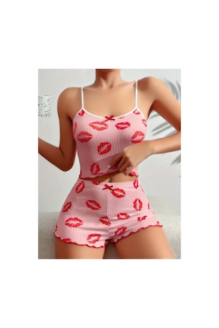 Lily Bianca Nightwear Dudak Desenli Mini Şortlu Penye Gecelik Pembe