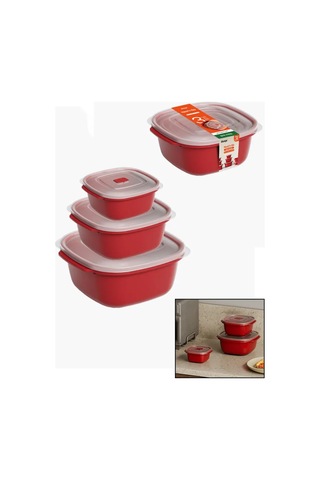 Jenerik Kırmızı Kare Saklama Kabı Seti 3'lü 550/1100/2200 Ml