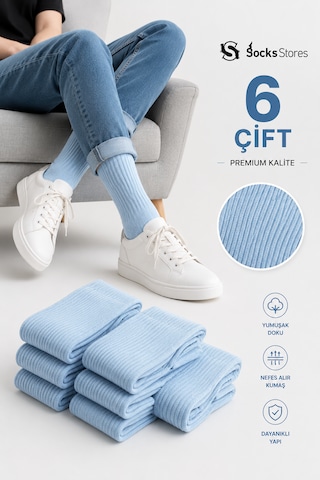 Socks Stores 6 Çift Unisex Renkli Pamuklu Soket Çorap - Renkli Tenis Boy Çorap Açık Mavi