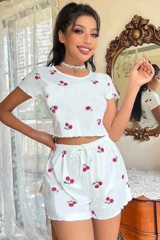 Merry See Örme Yumuşak Kısa Kol Kiraz Basklı Sortlu Pijama Takımı 001