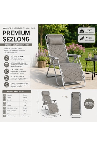Premium Katlanır Şezlong Gri Ergonomik Bahçe, Kamp, Havuz, Balkon Ve Plaj Dinlenme Koltuğu Çelik Gövde 120 Kg Taşıma Kapasiteli