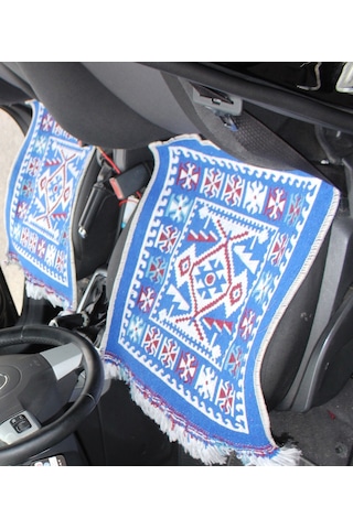 Pratik Oto Koltuk Kilim Seti 3 Parça Makine Dokuma Akrilik & Polyester Saçaklı - Mavi