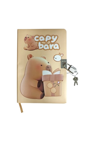 Capybara Hatıra Defteri Günlük Kilitli Defter 80 Yaprak - Çalışkan Kapibara Kahverengi