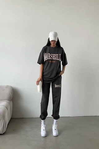 Marseille Baskılı T-shirt Eşofman Altı Jogger - Antrasit Alt Üst Takımı Oversize Bisiklet Yaka Gri