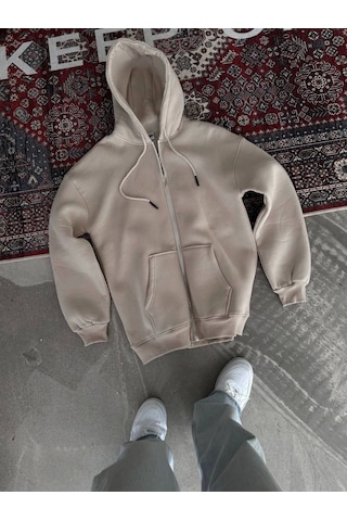 Leyla Sanat Sanata Yeni Bir Bakış Açısı Oversize Tam Fermuarlı Uzun Kol Hırka - Bej Bej