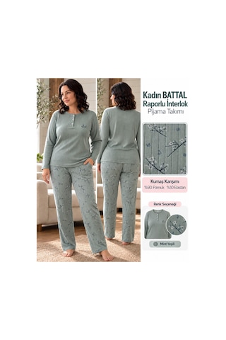 Lana Kadın Battal Pamuk Likralı Raporlu İnterlok Kışlık Pijama Takımı 245/18 - 1 Adet Yeşil