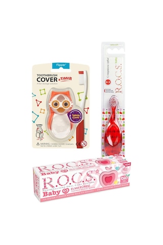 Rocs Baby 0 - 3 Yaş Soft Diş Fırçası + Flipper Baykuş Hijyenik Saklama Kabı Turuncu + Elma Püresi Macun 35 ML